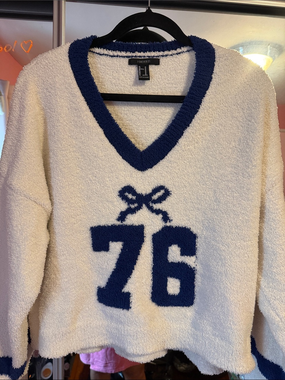 Forever 21 Cream and Navy V-Neck '76 Sweater